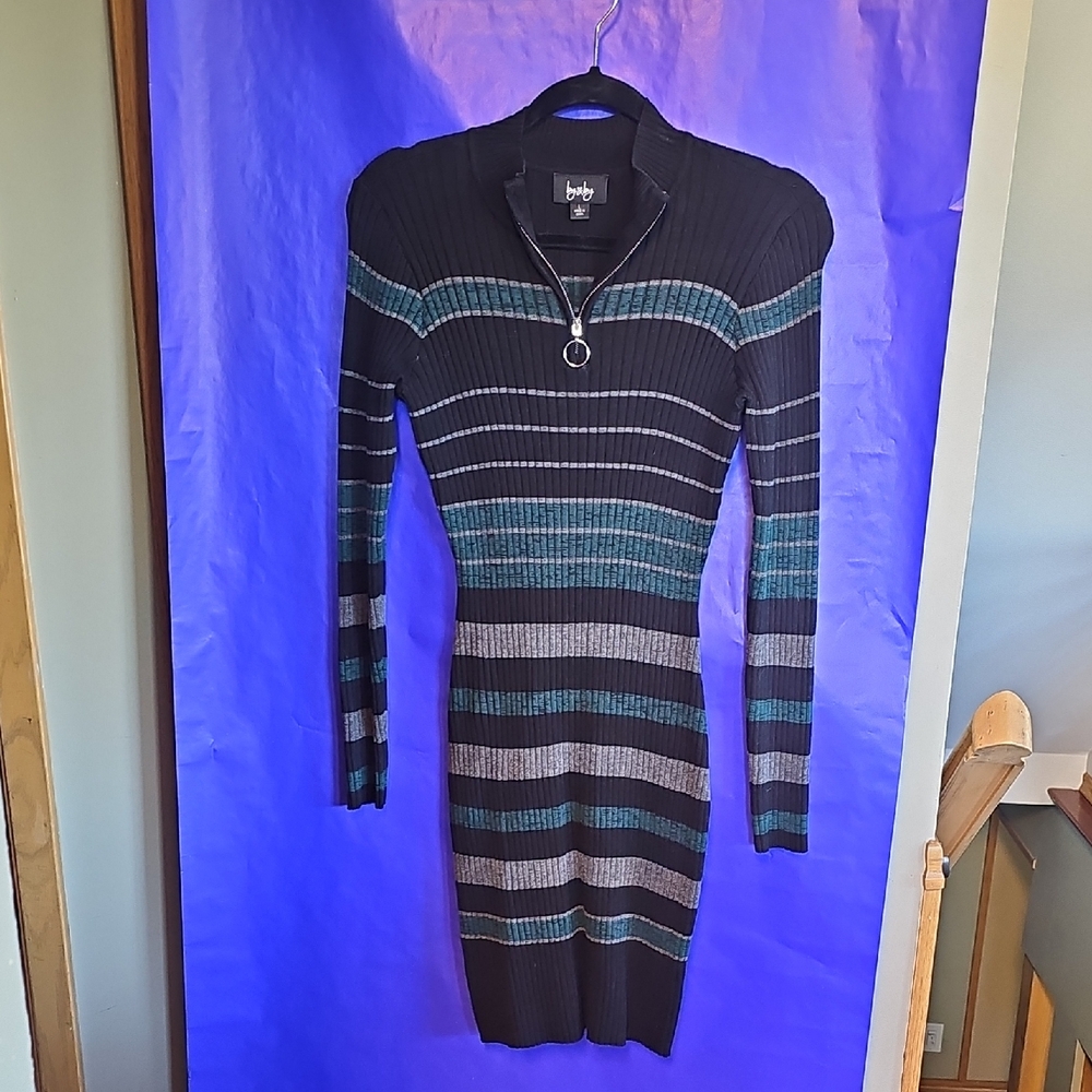Bebe Black, Green and Gray Striped Long Sleeve Dress